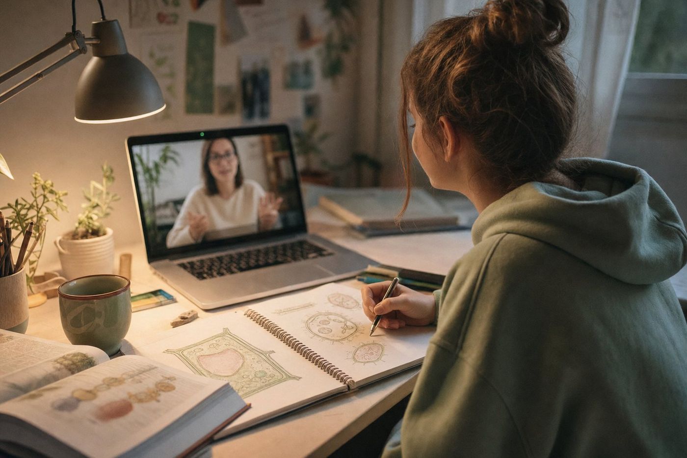 Élève en appel vidéo avec son coach, le soir, à son bureau