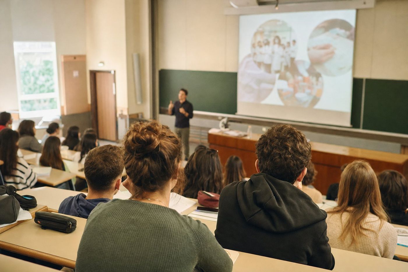Conférence d'orientation sur les études de santé dans un amphithéâtre de lycée