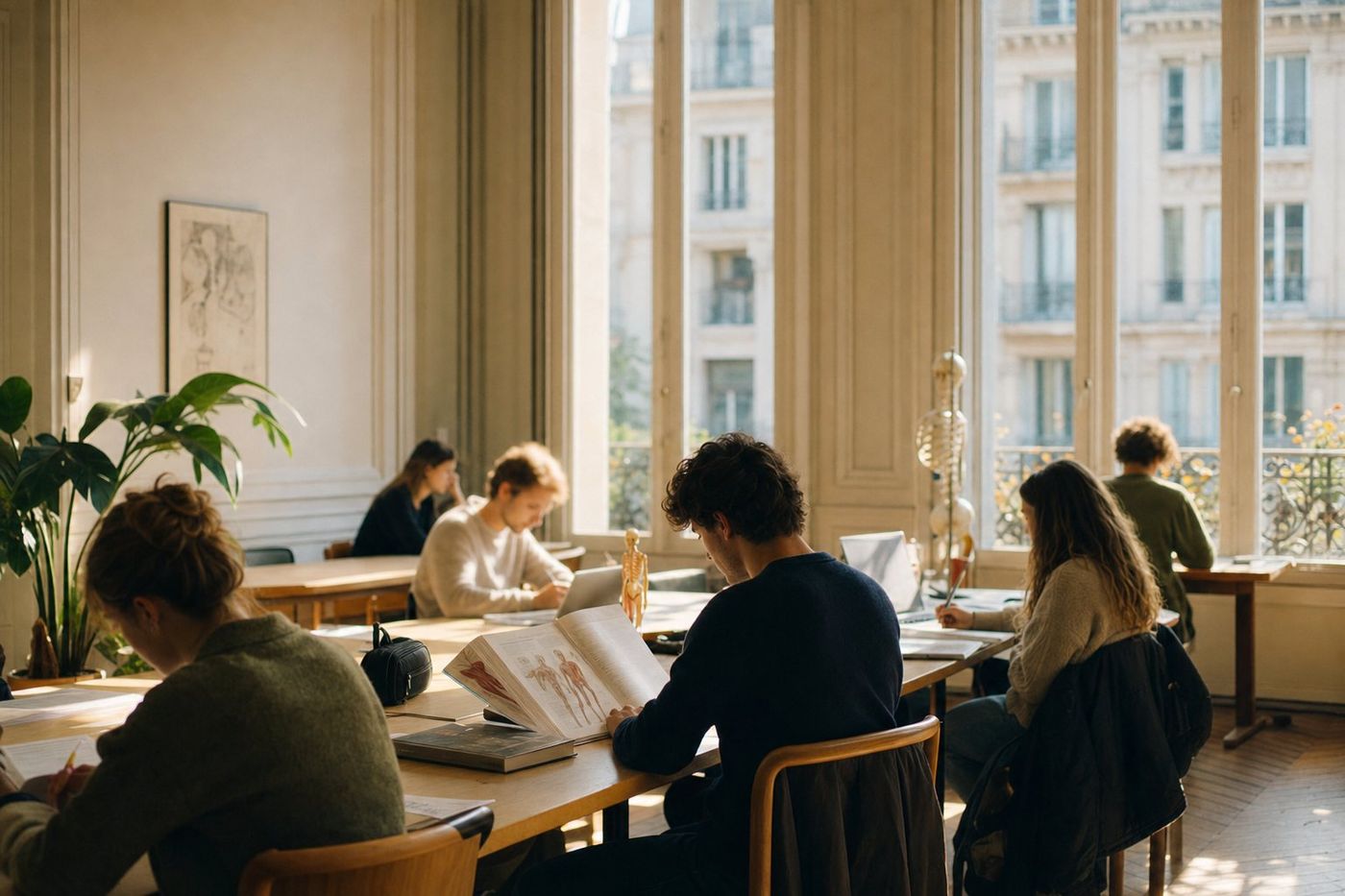 Étudiants qui travaillent dans une salle d'étude lumineuse à Paris