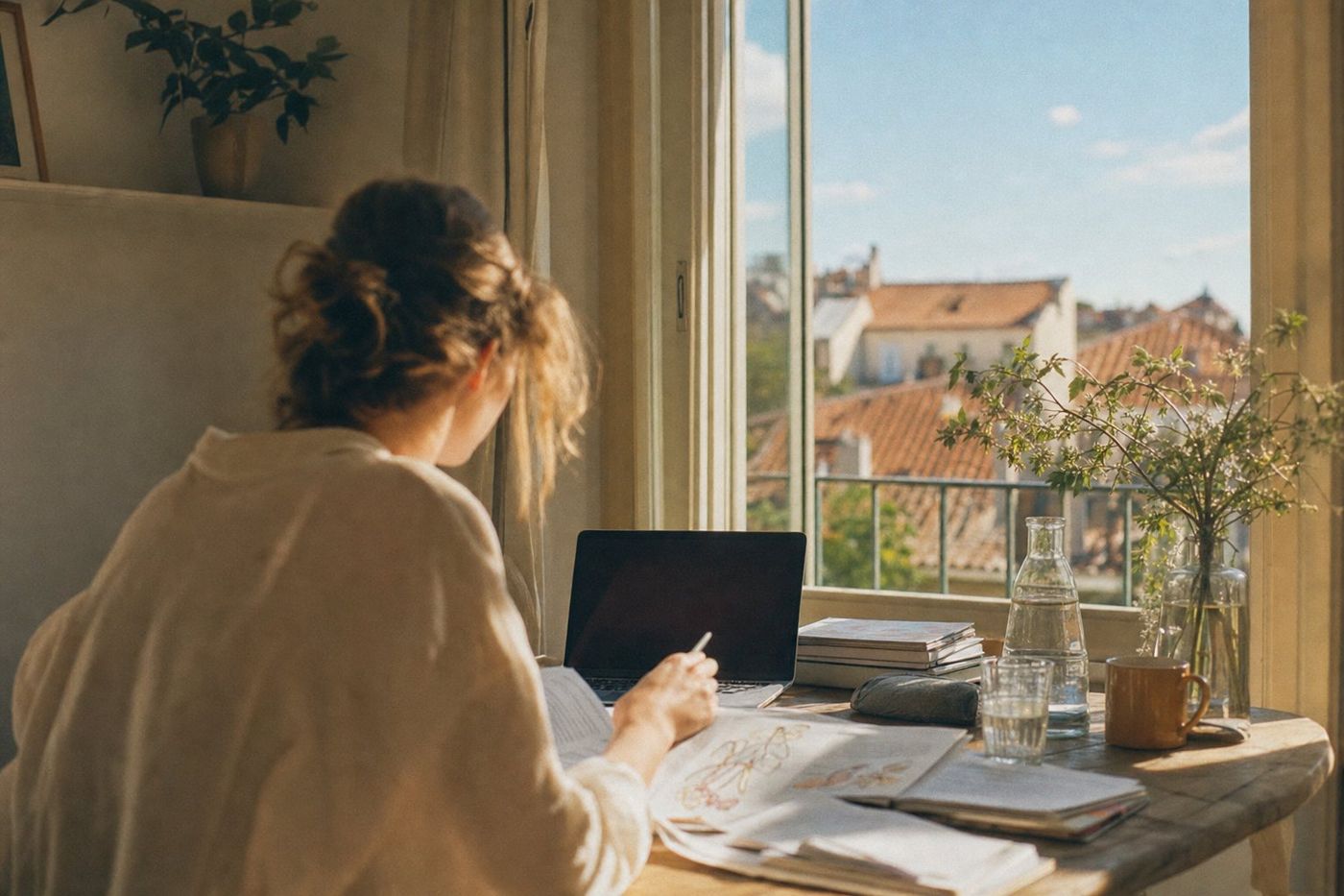Étudiante en médecine qui révise chez elle, dans un appartement ensoleillé du sud de la France